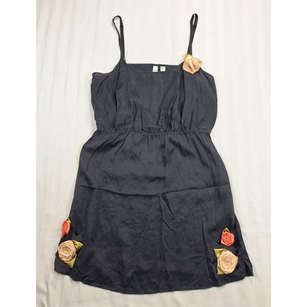 Eloise Anthropologie Black 100% Silk Slip Dress 3D Rosette Beaded Womens Medium